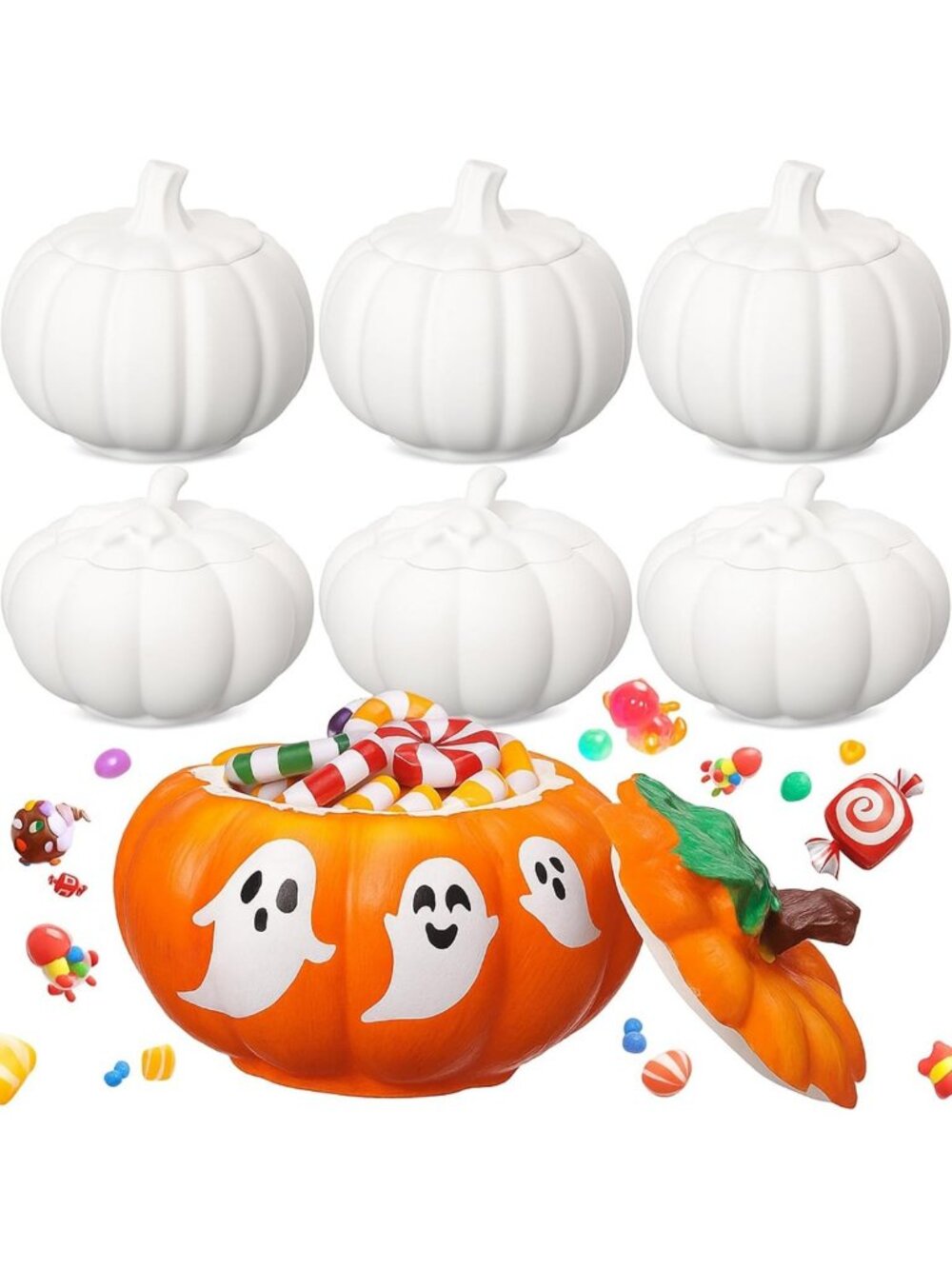 6 Pcs DIY Ceramic Pumpkin Jars with Lids - Unpainted Craft Canisters for